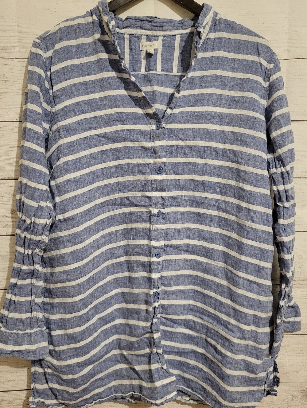 Garnet Hill Easy Linen Tunic Top Button Up Long Blue White Large